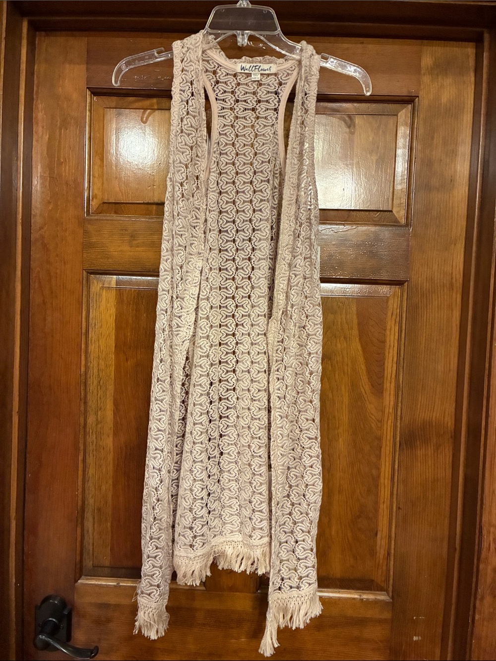 NWT Medium Wallflower Biscotti Cream Crochet Fringe Open Vest / Duster
